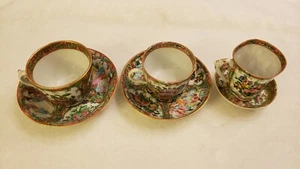 3 Chinese Export Porcelain Famille Rose Medallion 19th Century Teacups & Saucers - Picture 1 of 12
