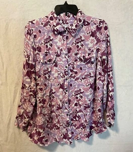 Croft & Barrow Purple Pink White Floral Long Sleeve Button Front Top Size 1X - Picture 1 of 8