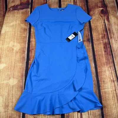 全新 Karl Lagerfeld 喇叭荷叶边连衣裙 女式 6 蓝色短袖背面拉链巴黎 — 第 1/4 张图片