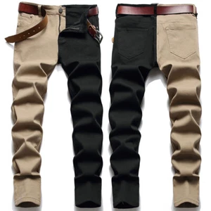 Mens Two Tone Splice Denim Pants Multi Colors Jeans Trousers Straight Leg - Picture 1 of 18