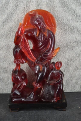 Large Chinese Amber Carved Fishermen and Fish Group Statue w/Stand - Image 1 of 4