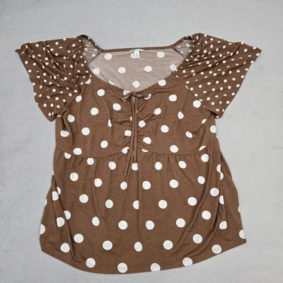 Camisa Cato para mujer XL marrón blanco lunares manga corta acanalada top Foto 1 de 4