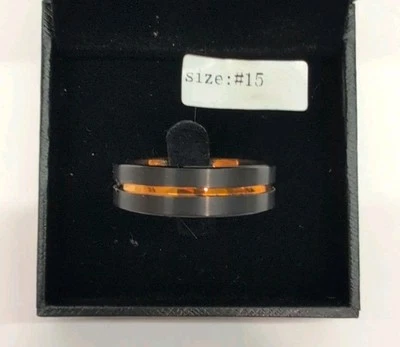 Alianza de boda delgada línea naranja de carburo de tungsteno negro ATOP 8 mm joyería para hombre” Foto 1 de 4