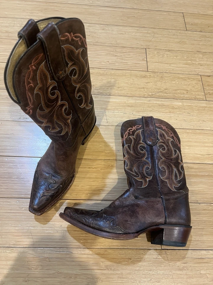 Tony Lama Santa Fe Botas del Oeste Vaquero Cuero Punta de Ala Marrón Talla 6B Foto 1 de 4