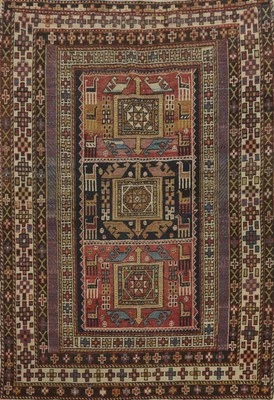 Tribal Pre-1900 Antique Kazak Vegetable Dye Hand-knotted Rug Oriental Carpet 4x5 - Image 1 of 4
