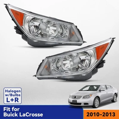Halogen Headlight For 2010-2013 Buick LaCrosse Chrome w/ Bulb Left& Right Pair Foto 1 de 4