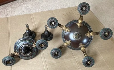 PAIR Antique Victorian 5 & 2 Light Pan Chandelier Light Fixture Orig Color Brass - Image 1 of 4