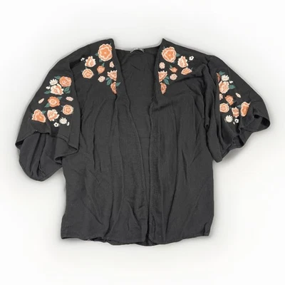 Womens Kimono L Black Embroidered Boho Floral Lightweight Cardigan Casual Flowy - Image 1 of 4