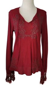 Top vintage Boho Misdemeanor rosso con perline manica lunga e polsini con frange nappa - Foto 1 di 10