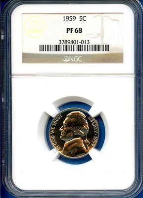 1959 P NGC PR68 Jefferson Nickel 5c US Mint Coin PF68 1959-P PR-68 - Image 1 of 3