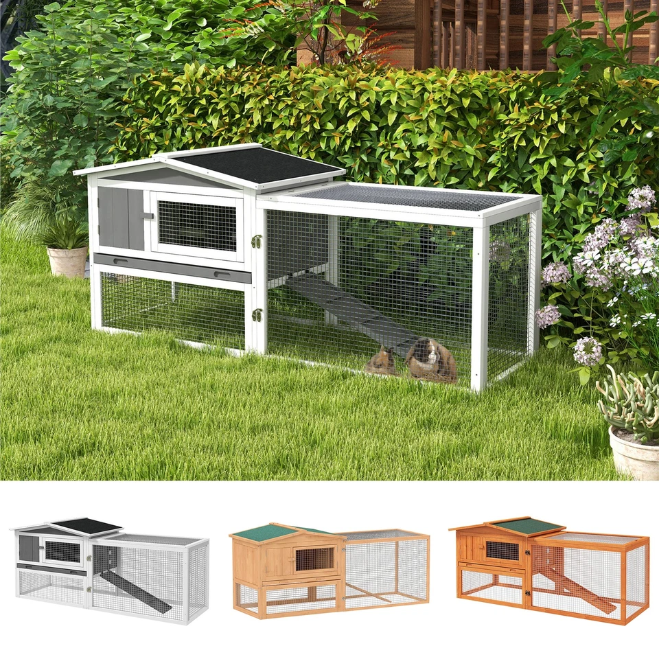 PawHut Wooden Rabbit Hutch Guinea Pig Run w/ Ramp and Removable Tray Outdoor - Image 1 of 1