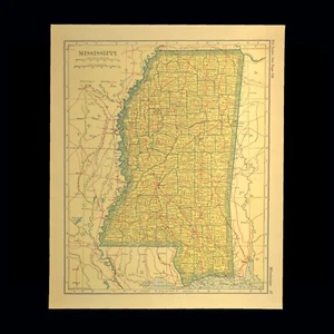 Vintage MISSISSIPPI Railroad Map 1920s Wall Art Decor RARE Original Antique - Picture 1 of 6