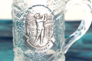 VINTAGE GLASS GOLF BEER MUG WITH PEWTER APPLIQUE "THE DRIVE" golf club cup - Picture 1 of 7