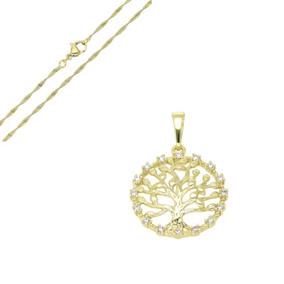 Collier - Femme - Pendentif - Arbre de Vie - Blanc - Plaqué Or Jaune 585/1000 - Photo 1/4