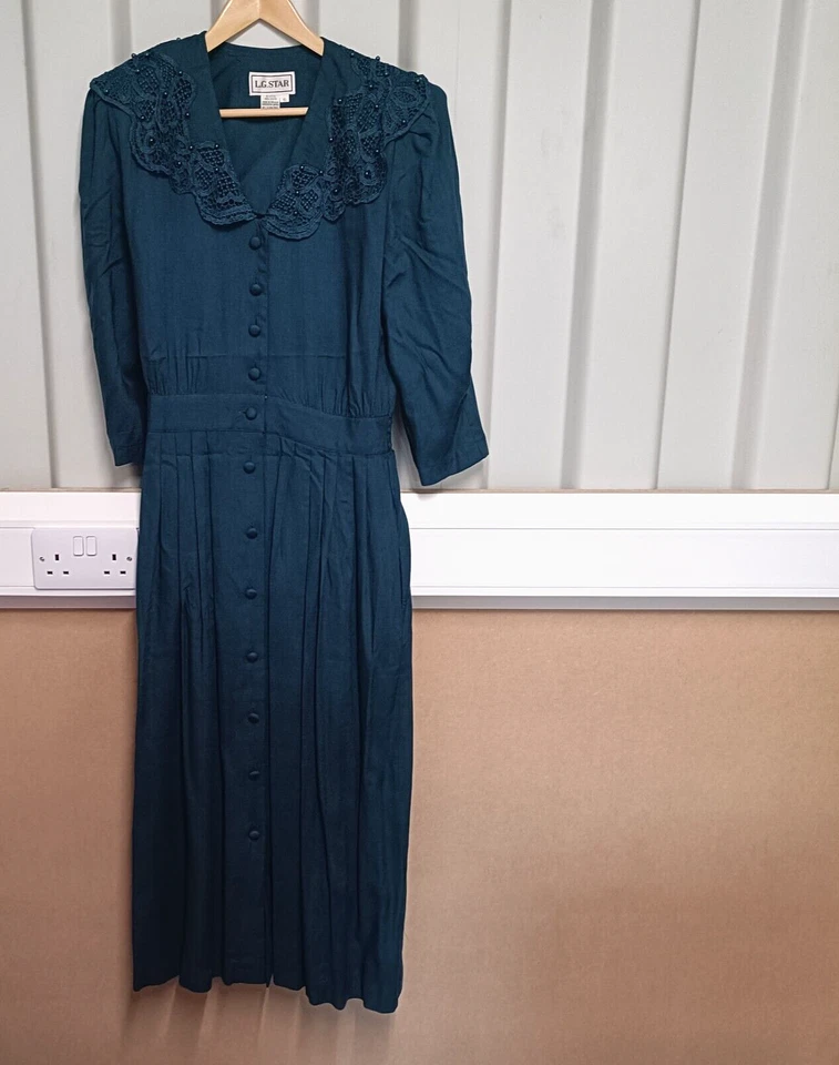 L.G.Star Womens Dress Green Size UK 10 Western Beaded Midi Vintage Pockets - Image 1 of 4