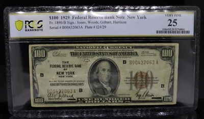 1929 $100 FRBN New York Fr#1890-B Jones/Woods/Gilbert/Harrison PCGS VF25 - Image 1 of 2