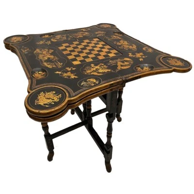 Etonnante table à jeux à système, laque de Chine noire et or, fin XIXe - Photo 1/4