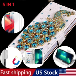Estuche tipo billetera abatible de cuero pavo real Bling + 2 piezas protector de pantalla de vidrio + 2 cordones - Imagen 1 de 10