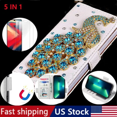 Bling Peacock Leather Flip Wallet Case + 2PCS Glass Screen Protector + 2 Lanyard - Image 1 of 4
