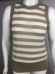 ST JOHN -  Black Label - Tan & White Striped,  Wool Blend Sleeveless Top, Sz L - Picture 1 of 11