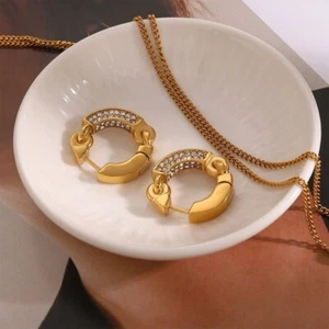 Women 18K Gold Plated Iced CZ Sparkling Huggie Hoop Earring Drop Dangle - Picture 1 of 5