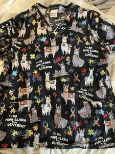 Cherokee Autism Awareness Mock Wrap Scrub Top XL Gray Puzzle Pattern - Picture 1 of 5