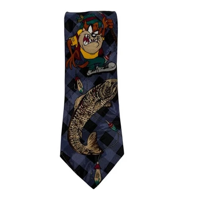 Looney Tunes Tazmanian Devil Fishing Tie 1996 Polyester Blue Plaid Work - Image 1 of 4