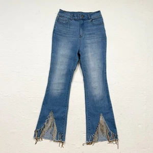 Jeans svasati a vita alta con frange strass piccoli denim elasticizzato blu - Foto 1 di 6