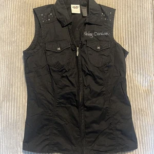 Harley Davidson Women’s Black Biker  Casual Cotton Vest Size M Cute Form Fit - Picture 1 of 13