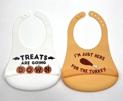 Lot Of 2 Fall (Halloween & Thanksgiving) Toddler Silicone Baby Food Bibs - Image 1 of 4