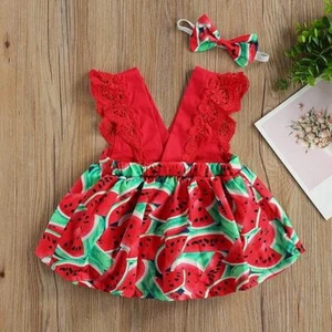 Baby Girls Watermelon Romper Toddlers Outfits Infant Playsuit Headband Jumpsuit - Picture 1 of 9
