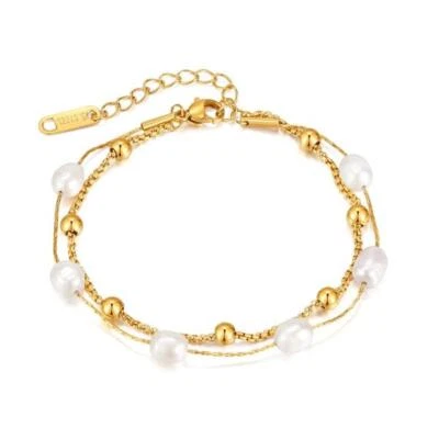 Armband Gold vergoldet Perlen weiß 18K Perlenarmband Edelstahl Damen B6340DL - Bild 1 von 4