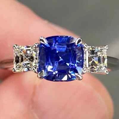 Anillo de boda de zafiro natural y moissanita de 4,90 quilates de oro blanco sólido de 14 quilates tamaño TODO Foto 1 de 4