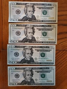 $20 Dollar Bills Series 2017A Sequential Consecutive Star Notes Lot of 4 - Picture 1 of 2