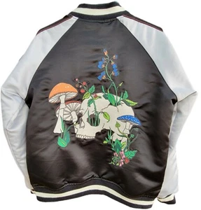 Urban Outfitters Embroidered Satin Bomber Jacket Skull Flowers Mushrooms Mens XS - Picture 1 of 12