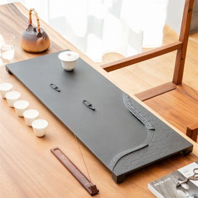 Chinese Tea Tray Black Stone Tea Table Boat Shape Design Water Draining Embossed - Image 1 of 4