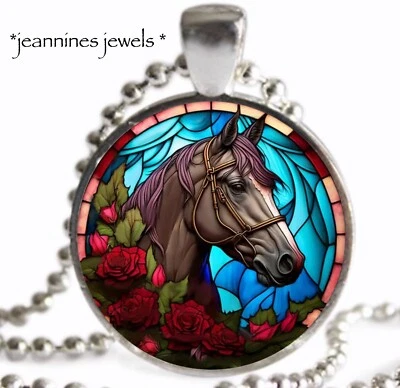 COLLAR Caballo Derby Kentucky Imitación Vidrieras Arte Impresión Plata Dije Colgante Foto 1 de 4