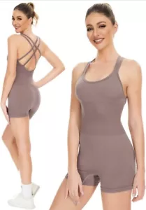 Size S Workout One Piece Bodysuit Tummy Control Shorts Strappy Shapewear Active - Picture 1 of 6