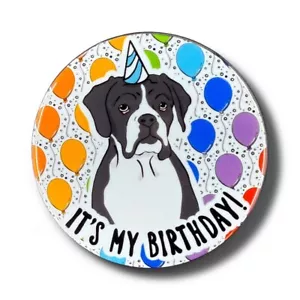Boxer nero cane arcobaleno compleanno palloncino spilla bottone fatto a mano regalo 2,25 - Foto 1 di 4