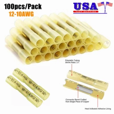 100PCS AWG 12-10 Gauge Heat Shrink Crimp Terminals Wire Butt Connectors Yellow - Image 1 of 4