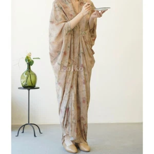 Retro Spanish Style Women's V Neck 100% Real Silk Maxi Dress Ball Gown Loose Fit - Picture 1 of 16