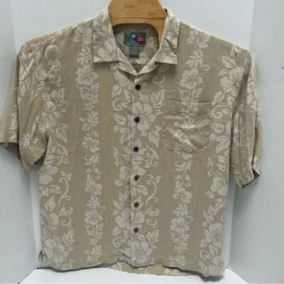 Camisa Hawaiana SS Hilo Hattie Beige Tostado Seda Floral Estampado Hibisco Grande Foto 1 de 4