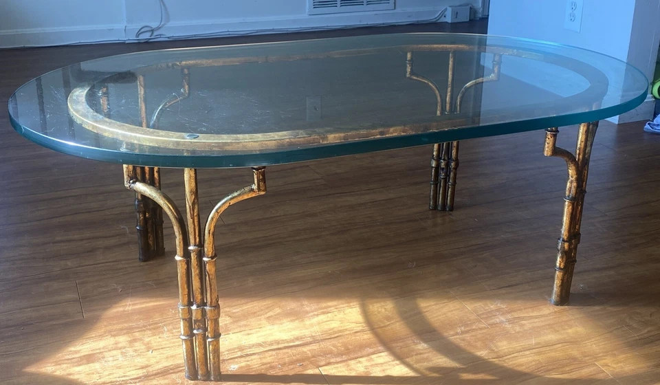 Hollywood Regency Italian Glass, Brass, Bamboo Coffee Table Mid Century Antique - Image 1 of 4