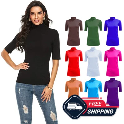 Damas Mujeres Manga Corta Polo Cuello Top Liso Elastizado Cuello Tortuga Camisa Foto 1 de 4