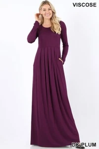 Plus Size Pleated Waist Long Sleeve Dress Dark Plum 3XL - Picture 1 of 1