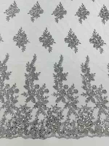 Beaded Rose Flower Fabric - Silver - Embroidery Beaded Long Border Fabric Yard - Picture 1 of 5