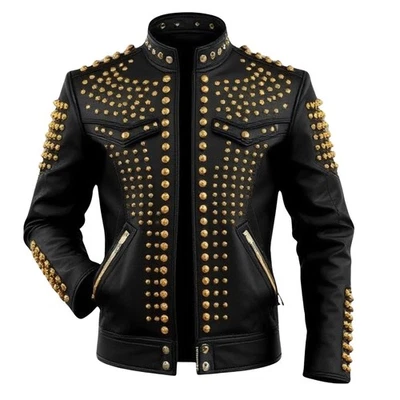 Men’s Black Studded Leather Jacket – Gold Punk Rock Moto Coat – Designer Style - Image 1 of 4