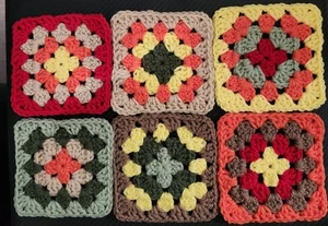 Lot of 6  4.5" Traditional GRANNY Squares Bright Hippy Colors Crafts  - Picture 1 of 7