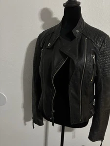 BCBG Max Azria Black Leather Moto Jacket Asymmetric Classic Motorcycle Medium - Picture 1 of 10