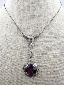 antique edwardian sterling silver Faceted Purple Stone Filigree Choker Necklace - Picture 1 of 7